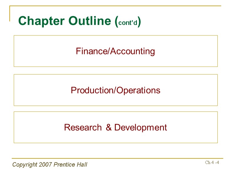 Copyright 2007 Prentice Hall Ch 4 -4 Chapter Outline (cont’d) Finance/Accounting Production/Operations Research &